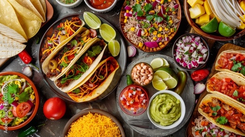 Flavorful Mexican feast featuring tacos and enchiladas, vibrant colors, isolated on a stark background, studio lighting
