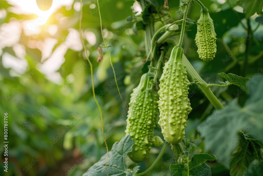 Healthy green bitter gourd hanging from the vine, bathed in sunlight in a lush garden setting. Healthy green bitter gourd hanging from the vine, bathed in sunlight in a lush garden setting.