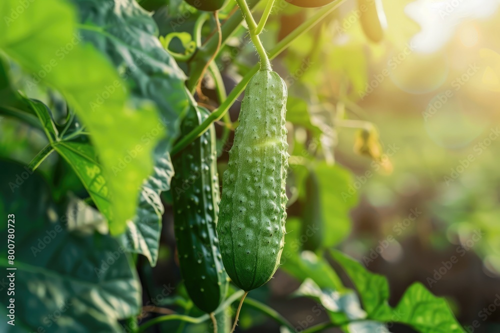 Healthy green bitter gourd hanging from the vine, bathed in sunlight in a lush garden setting. Healthy green bitter gourd hanging from the vine, bathed in sunlight in a lush garden setting.
