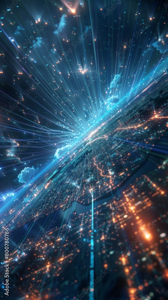 Obraz premium A global map with pulsating beams of light representing major data arteries, converging on cloud hubs