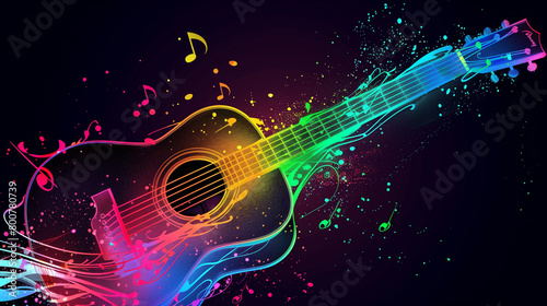 A colorful guitar with a splash of paint on it. The guitar is surrounded by a splash of paint, giving it a vibrant and dynamic appearance. Concept of creativity and artistic expression