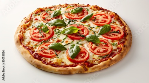 High-resolution image of a classic thin crust pizza topped with mozzarella, tomato slices, basil, on a minimalist background, studio lighting