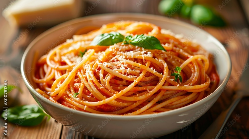 Hearty bowl of al dente spaghetti with rich marinara sauce, fresh basil, and a sprinkle of Parmesan, studio lighting Hearty bowl of al dente spaghetti with rich marinara sauce, fresh basil, and a sprinkle of Parmesan, studio lighting