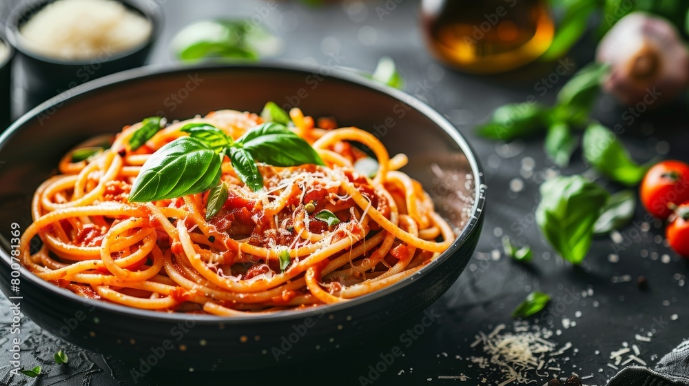 Hearty bowl of al dente spaghetti with rich marinara sauce, fresh basil, and a sprinkle of Parmesan, studio lighting