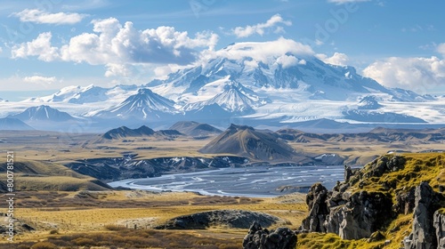 A panoramic view of snow-capped volcanic peaks, glaciers carving their way through the landscape photo