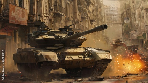 A photorealistic depiction of an Military tank M1 Abrams engaged in a close-quarters urban firefight Sparks fly as its turret swivels photo