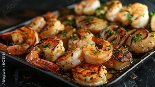 Grilled seafood assortment, including shrimp and scallops, seasoned and cooked to highlight natural flavors, isolated on stark background