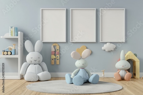A 3D rendering illustration of a modern minimalist kids room or nursery - empty frames for copy space