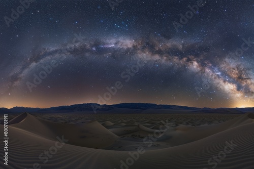 A sweeping panorama of rolling sand dunes under a starry night sky  the Milky Way visible