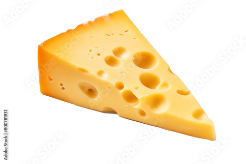 Wedge of Swiss cheese with distinctive holes, on a transparent background, symbolizing dairy products. Generative AI
