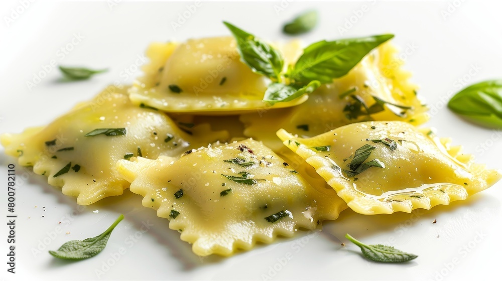 Gourmet ravioli filled with ricotta and spinach, doused in a butter sage sauce, elegantly presented, isolated background Gourmet ravioli filled with ricotta and spinach, doused in a butter sage sauce, elegantly presented, isolated background