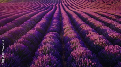 Aerial view of a lavender field in full bloom, rows of vibrant purple stretching across the landscape