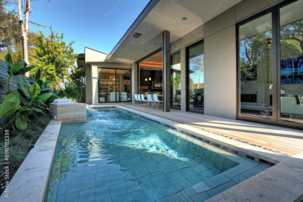 An inviting patio that bridges the indoors with the outdoors, featuring a modern swimming pool that accentuates the sleek, clean lines of the house's architecture. 32k, full ultra hd, high resolution