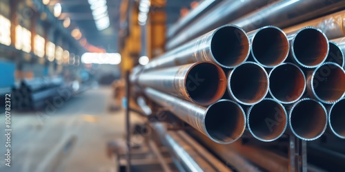 close up of stack of steel pipes in a warehouse or factory with a blurry background