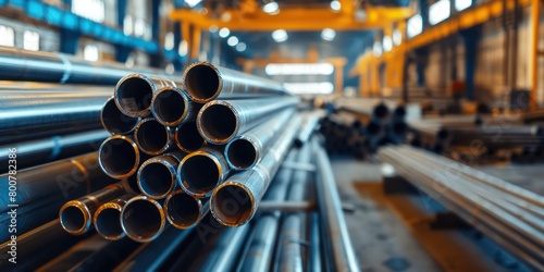 close up of stack of steel pipes in a warehouse or factory with a blurry background © beatriz