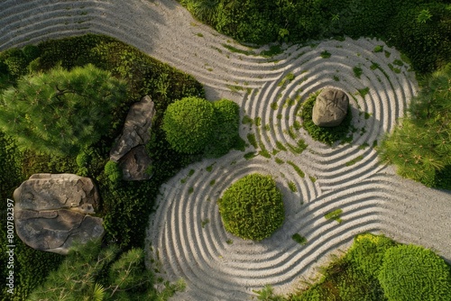 Aerial view of a traditional Japanese Zen garden, raked sand patterns, moss-covered stones photo