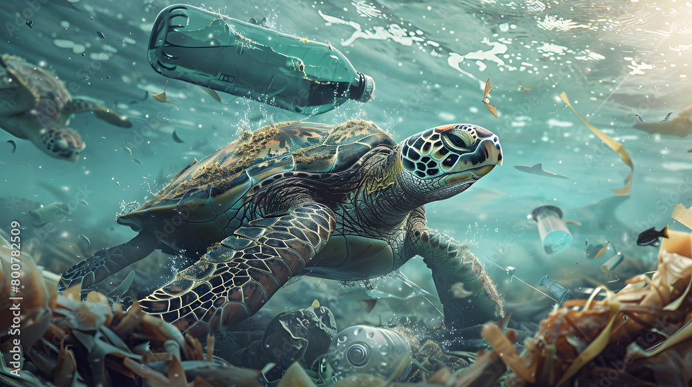 Fototapeta premium A turtle swims with plastic waste, bottles thrown away in the ocean. describes environmental pollution in the ocean due to careless dumping of rubbish