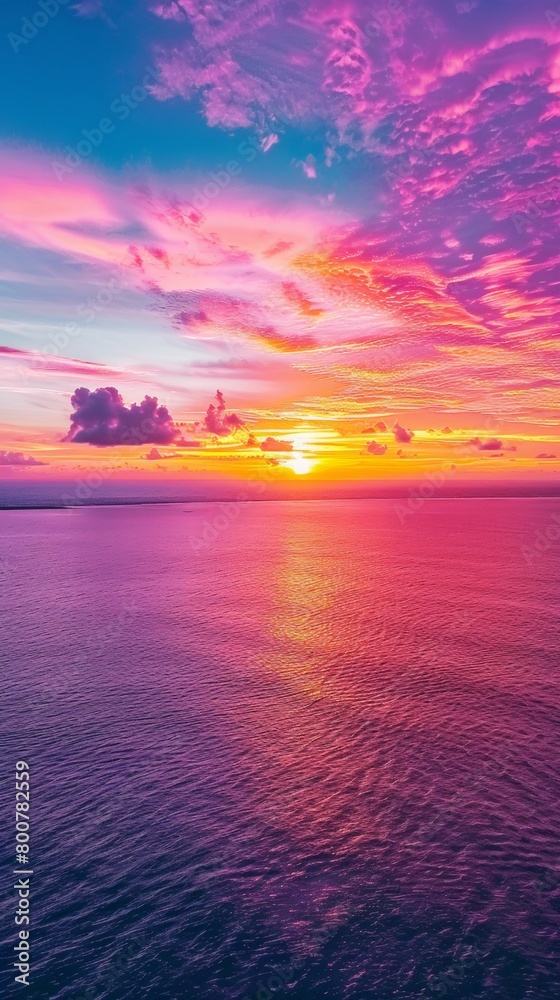 Aerial view of a vibrant sunset over the ocean, painting the sky with streaks of orange, purple, and pink