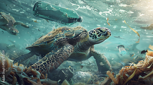 A turtle swims with plastic waste, bottles thrown away in the ocean. describes environmental pollution in the ocean due to careless dumping of rubbish © MyBackground