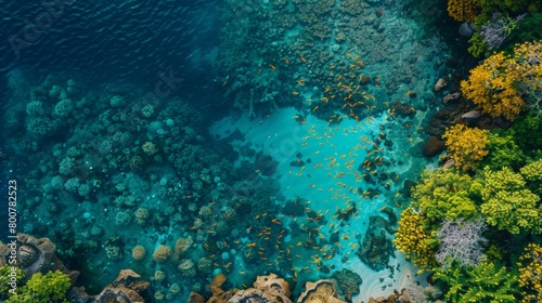Aerial view of a vibrant coral reef visible through the crystal-clear water, teeming with colorful fish and diverse marine life