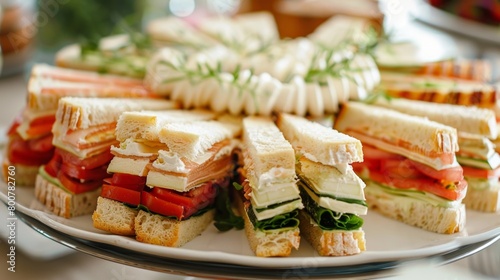 A closeup of a platter of delicate finger sandwiches bitesized and bursting with gourmet flavors perfect for pairing with nonalcoholic drinks.