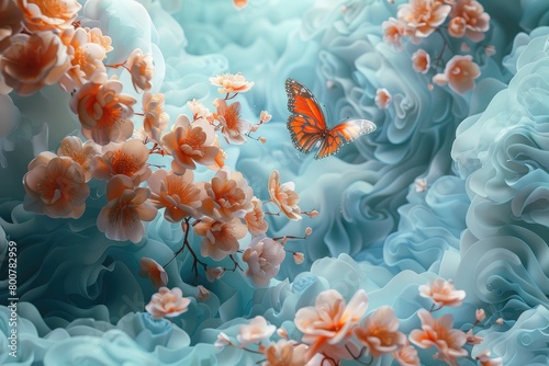 Exquisite craftsmanship: colorful butterfly and flower organic paper sculpture design, an illustration of dreamy romance, perfect for banner, capturing the beauty of nature in intricate detail.