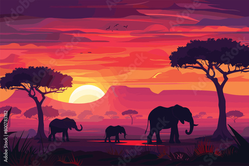 African elephants with sunset, Silhouettes of trees and elephants sunset background, Elephants at sunset, Vector illustration