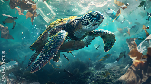 A turtle swims with plastic waste, bottles thrown away in the ocean. describes environmental pollution in the ocean due to careless dumping of rubbish photo