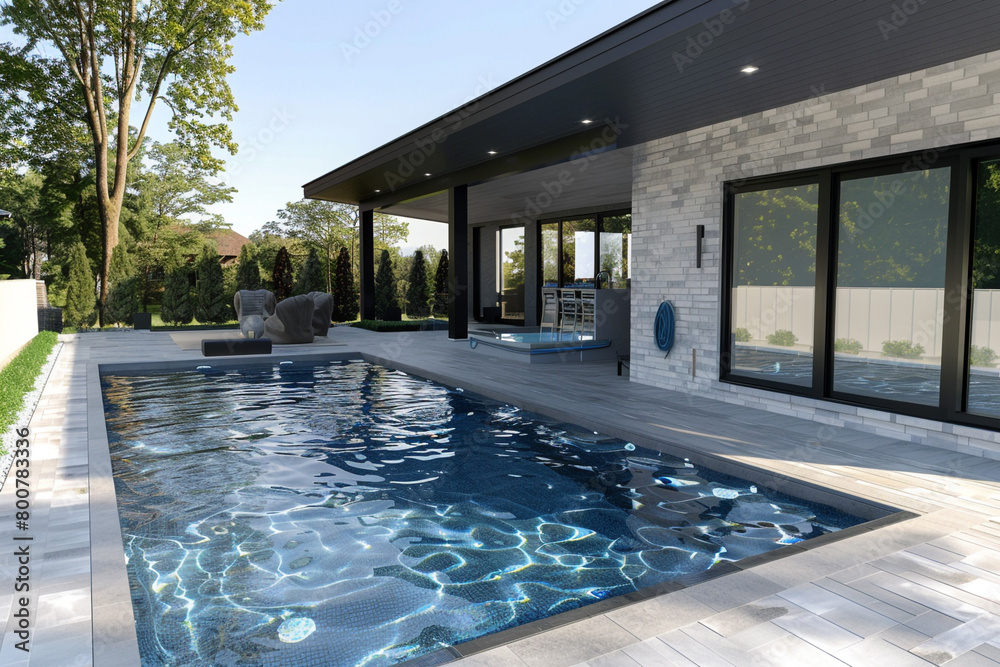 An inviting swimming pool that flows seamlessly from a modern patio, the simplicity of the design in harmony with the home's exterior, 