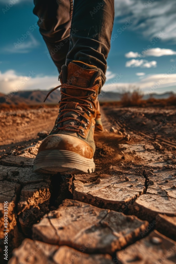 Close-up of a hikers boots, showcasing the dusty trail, cracked earth, and determined stride Close-up of a hikers boots, showcasing the dusty trail, cracked earth, and determined stride