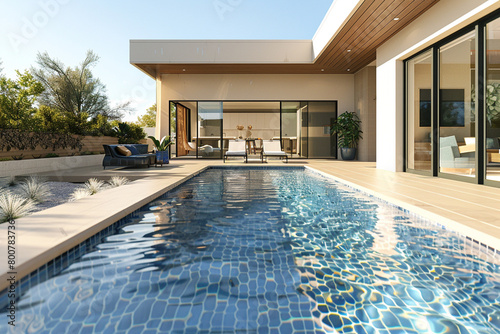 An inviting swimming pool that flows seamlessly from a modern patio  the simplicity of the design in harmony with the home s exterior  