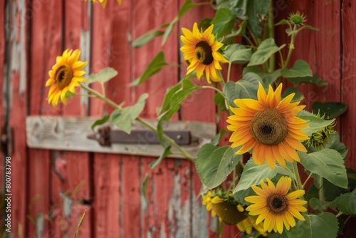 Close-up of a weathered barn door framed by vibrant sunflowers, capturing the rustic charm of a summer landscape