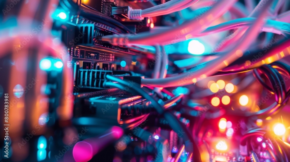 Close-up view inside a server rack, a tangle of colorful cables and blinking lights, focus on a single hard drive