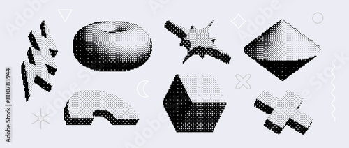 Bitmap textured shapes set. Dither halftone geometric objects collection. Black torus, cube, cross, star, bolt elements for banner, poster, leaflet. Pixelated 3d raster effect bundle. Vector pack photo