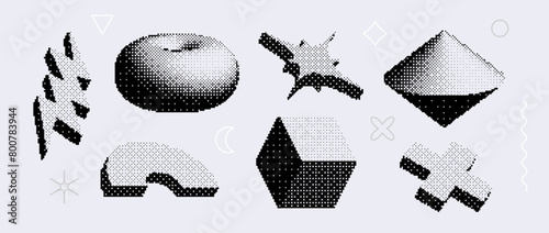 Bitmap textured shapes set. Dither halftone geometric objects collection. Black torus, cube, cross, star, bolt elements for banner, poster, leaflet. Pixelated 3d raster effect bundle. Vector pack