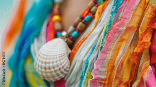 Extreme close-up of the clasp on a beaded seashell necklace, resting against the neckline of a vibrant linen shirt