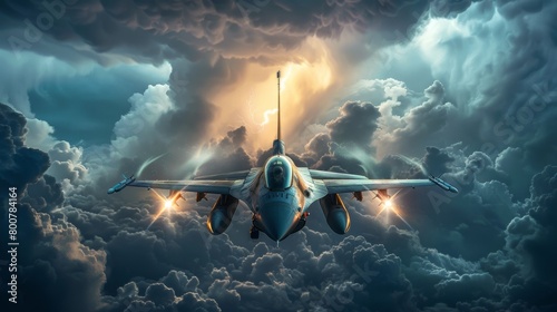 F-16 breaking through a thick layer of storm clouds, lightning illuminating the scene photo