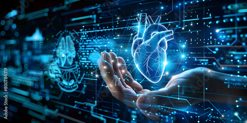 Futuristic glowing interface with a digital heart illustration representing advanced medical technology hologram of cardiology treatment technology sci-fi interface, data lines, scales.