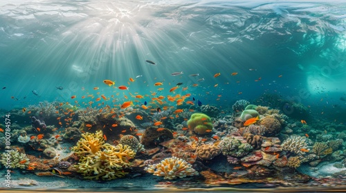 Panoramic view of a colorful coral reef teeming with fish, sunlight dappling through the water