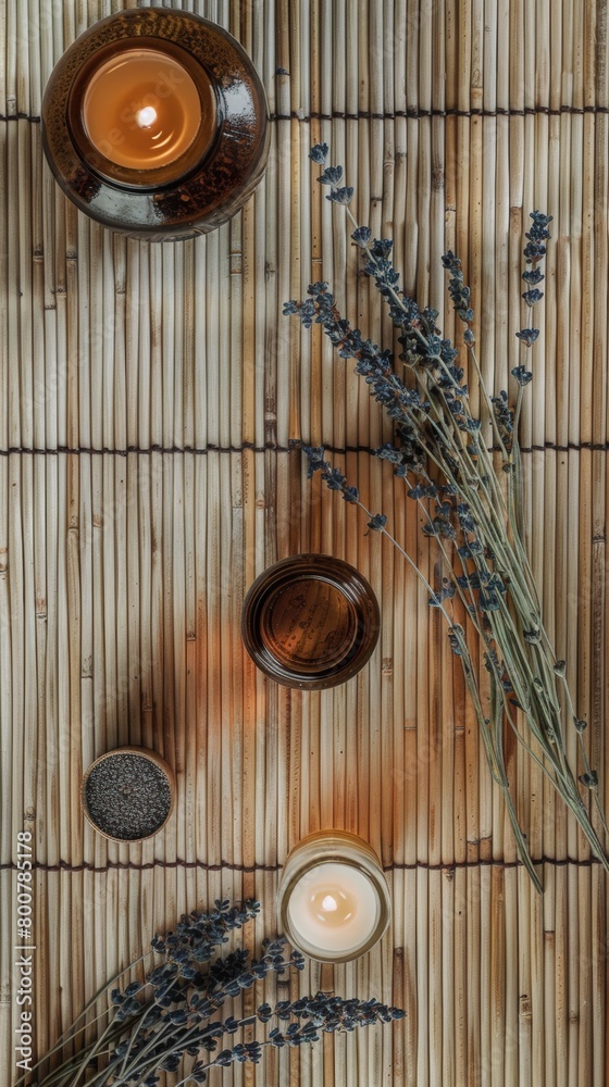 Top-view shot of a bamboo mat with a collection of apothecary-style bottles, dried lavender, and a single lit candle Top-view shot of a bamboo mat with a collection of apothecary-style bottles, dried lavender, and a single lit candle