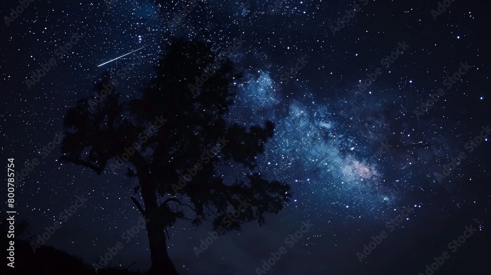 A clear night sky filled with twinkling stars, with a solitary tree silhouetted in the foreground. The tree stands tall against the starry backdrop, creating a striking contrast. A clear night sky filled with twinkling stars, with a solitary tree silhouetted in the foreground. The tree stands tall against the starry backdrop, creating a striking contrast.