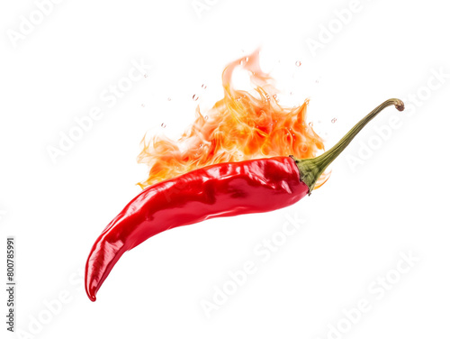 A fiery red chili pepper engulfed in flames  representing hot taste and spiciness on a transparent background. Generative AI