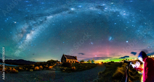 Milky Way, Nebula, Aurora Australis glowing over Church of the Good Shepherd at Lake Tekapo, New Zealand photo