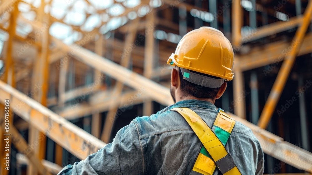 Construction worker wearing a hard hat and safety vest at a construction site Construction worker wearing a hard hat and safety vest at a construction site