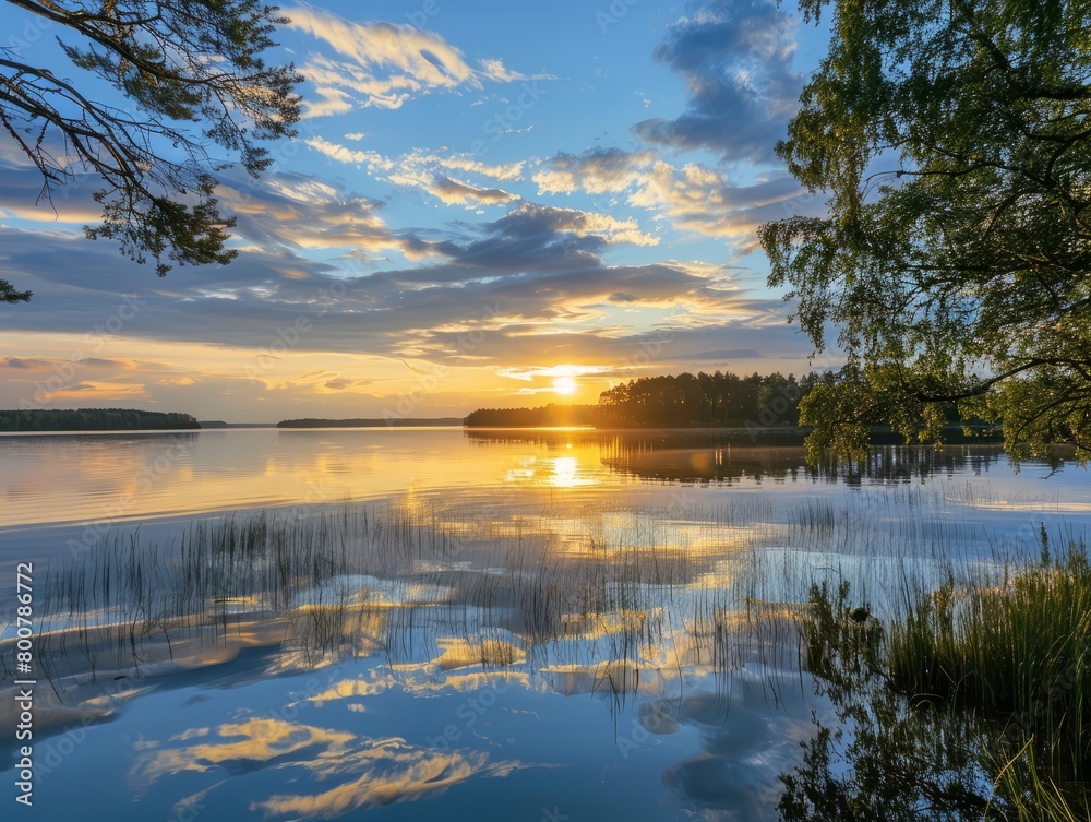 Tranquil lake at sunset with vibrant sky and soft clouds reflecting on the water. Tranquil lake at sunset with vibrant sky and soft clouds reflecting on the water.