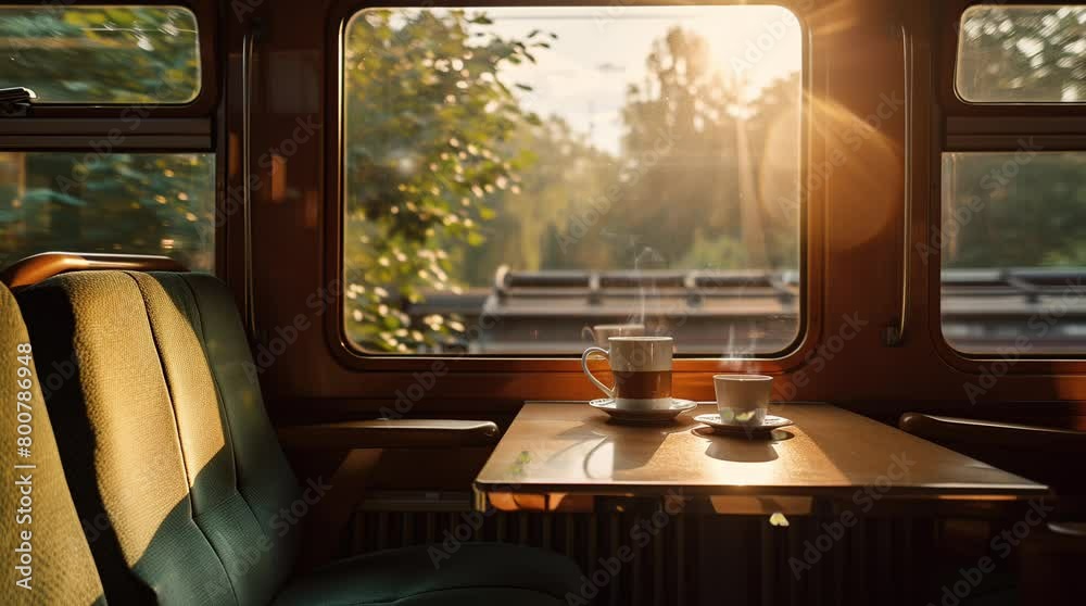 Tranquil train journey: Table and chair by the window, offering scenic views along the tracks.
Seamless looping 4k time-lapse virtual video animation background. Generated AI