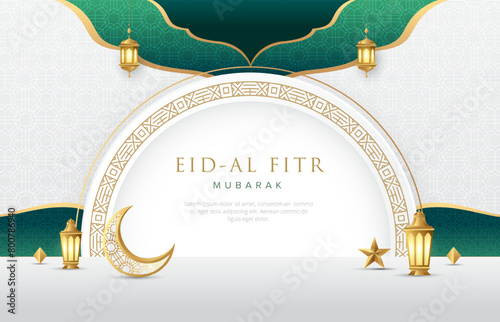 Clean modern lslamic background with gold ornament star, moon and lanterns. Suitable for raya and ramadan template concept.