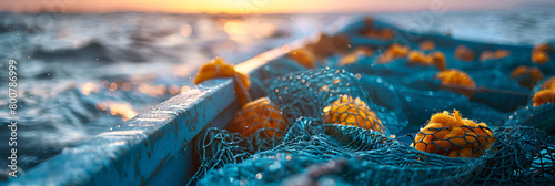 blue and yellow, Close Up of a Fishing Net on a Boat 