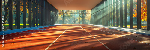 tunnel of light,
 Shot Of A Running Track In The Shade From The Su photo