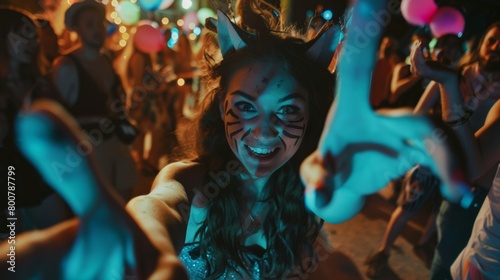 A woman dressed as a cat slinks through the crowd her claws made out of painted popsicle sticks.